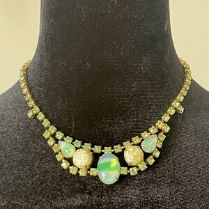 Vintage 1950s Green Rhinestones Blue Green White Glass Cabochons Necklace 14”
